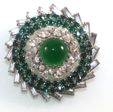 Fab! SCHREINER Style NY 1950’S RHODIUM PLATED CRYSTAL FAUX Jade BROOCH