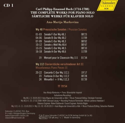 C.P.E. Bach The Complete Works for Piano Solo MARKOVINA HÄNSSLER