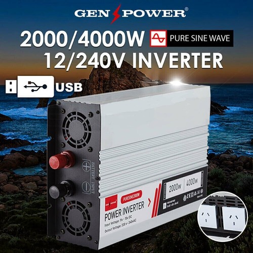 GENPOWER 2000W Inverter Pure Sine Wave Power 4000W Peak 12V 240V Car Camping - Picture 2 of 10