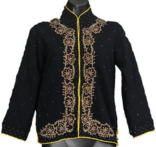 Vintage 1950s black beaded sweater, floral Angora wool cardigan top shirt gold M