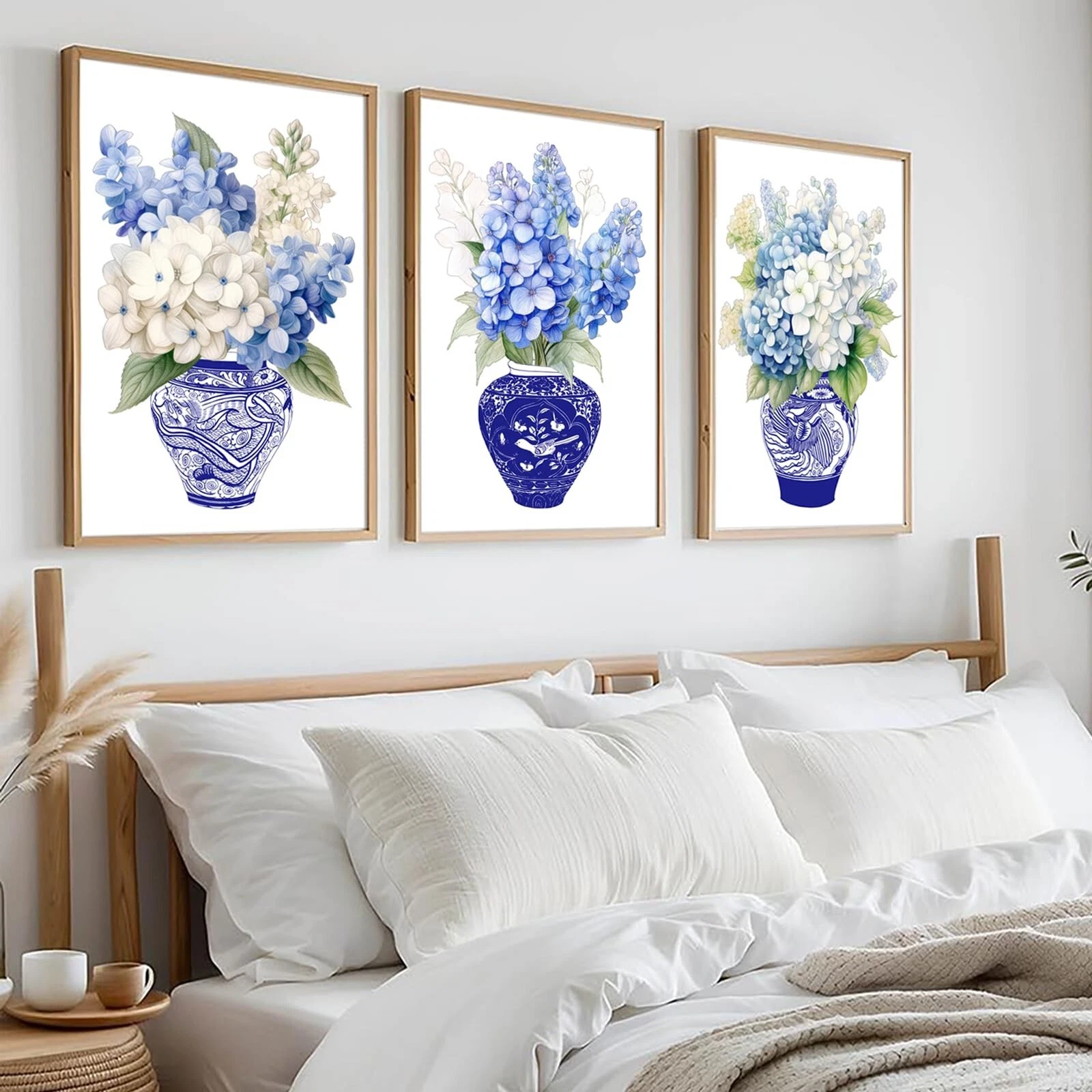 3 Pieces Blue White Chinoiserie Hydrangea Posters Canvas Wall Art Print Set W...