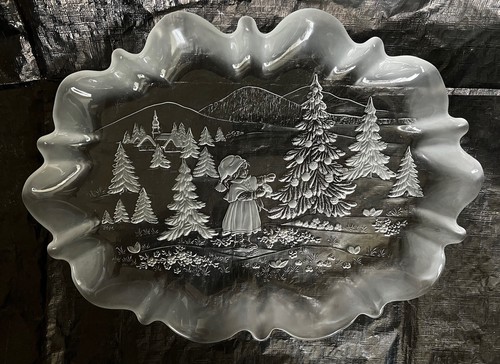 Mikasa Christmas Story Oval Canape Platter Frosted EtchGlass Ruffle Tray Germany