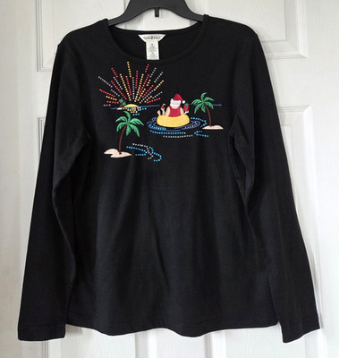 SOPHIA JAYNE Women's Black Jeweled & Embroidered Santa Christmas T-Shirt Size M