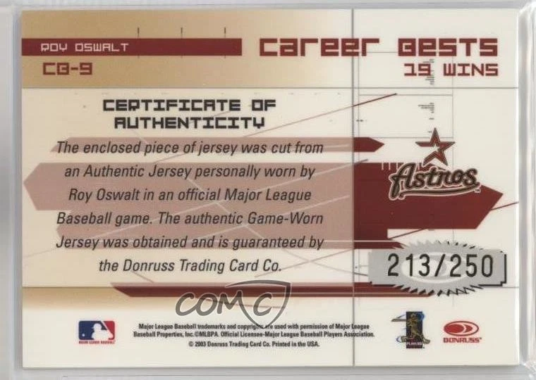 2003 Donruss Elite Career Bests Materials Auto /250 Roy Oswalt #CB-9 Auto - Image 2 of 2