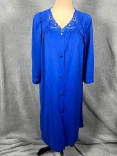 VTG Shadowline Nylon Dressing Robe Women M Blue Embroidered Floral Button Front