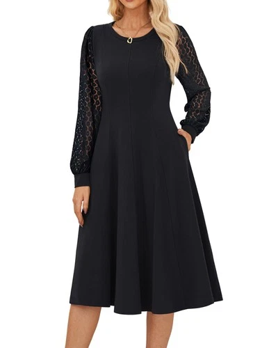 Business Midi A-Line Long Sleeve Dress Wedding Guest – Black S