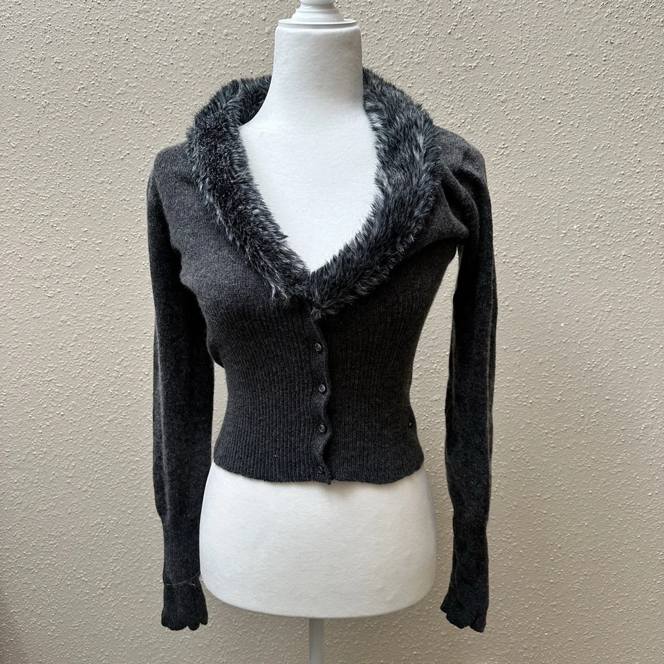 Cárdigan suéter gris cuello ribete piel lana Tommy Hilfiger vintage Y2K se adapta a pequeño Foto 3 de 4