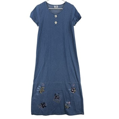 VTG Islandwear By Sidan Dress Womens Petite Blue Shirt Maxi Embroidered Sea Life
