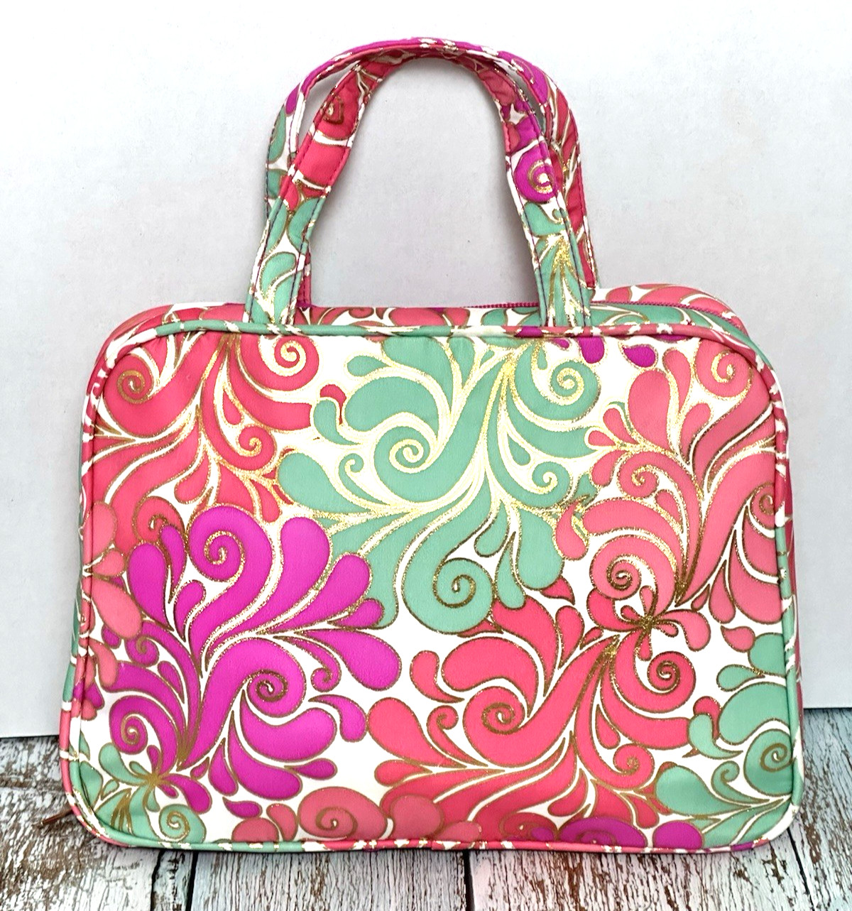 Modella Hanging Cosmetic Makeup Bag Pink & Teal Swirl Pattern Travel Organizer