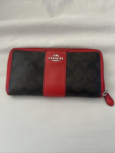 Coach Wallet Card Holder Brown and Red Leather Zipper Closure