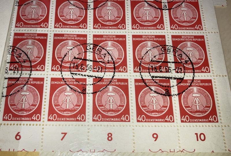 plate block (15) DDR Official Service Stamp 40 Pfennig Dienstmarke 1956 cancel