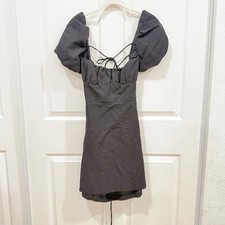 Zara Black Mini Dress Puff Short Sleeves Tie Back Fit Flare Party Cocktail