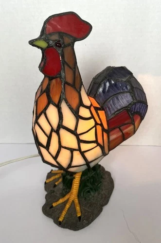 Vintage Tiffany Style 11" Stained Glass Chicken Rooster Farmhouse Table Lamp
