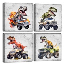 Retro Dinosaur Wall Art Dinosaur Room Decor for Boys 12x12in Dinosaur Truck