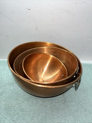 Vintage O.D.I Solid Copper Beating Bowls Set of 3 with Handles Kitchenware Decor