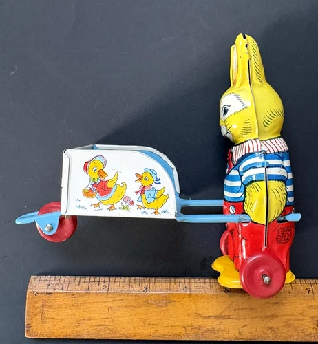 NICE Vintage 1950's J Chein & Co. Easter Bunny Rabbit Pushing Cart Tin Litho Toy