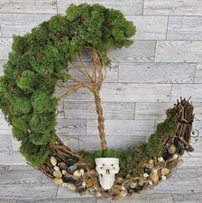 Halloween Wreath Skull Moon Spooky Front Door Decor Natural Tree Of Life Wood
