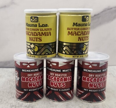 Vintage Hawaiian 1970s Macadamia Nuts Can Lot (5) Mauna Loa Menehune Mac's