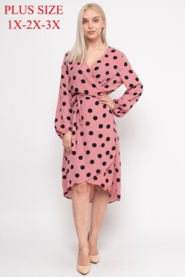 Womens Plus Size Mauve Pink Polka Dot Wrap Dress 3XL Long Sleeve