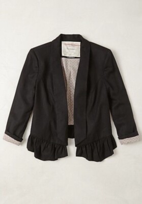 Anthropologie CARTONNIER Calin Blazer Black Jacket Coat Ruffle Hem Detail Sz M