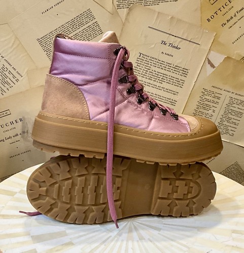 Anthropologie Maeve Hiker Boot Pink Satin Tan Suede Rubber Lace Up 40/ 9-9.5 NEW - Picture 8 of 10