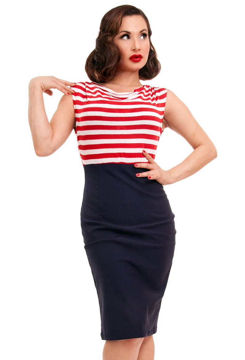 WIGGLE DRESS size 10 Pencil Cigarette 50s 60s Look Red White Stripes Rock  Steady