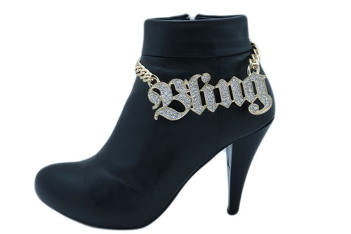 Women Gold Metal Chain Bracelet Western Fashion Big BLING Shoe Charm Fancy Look - Picture 1 of 12