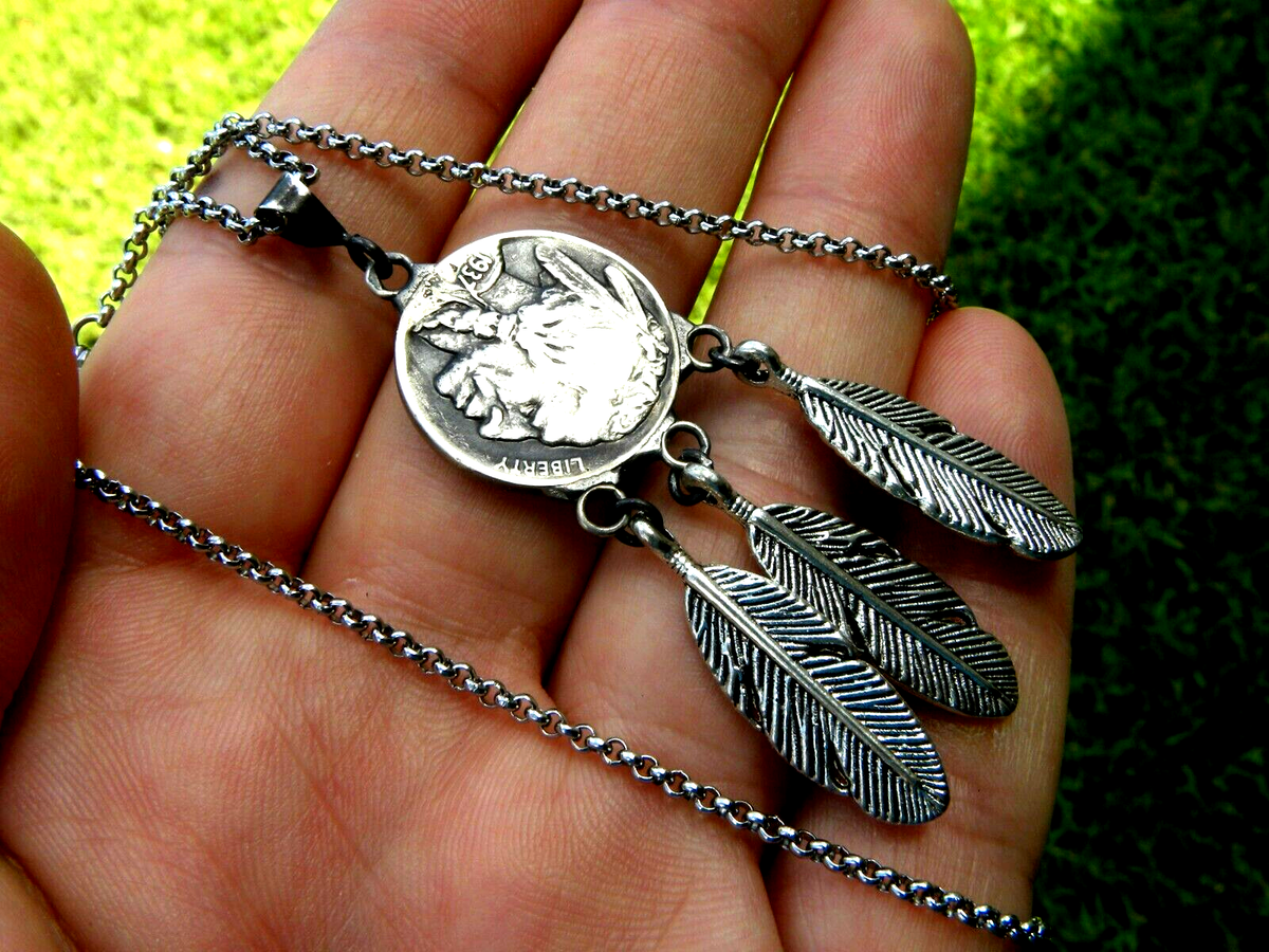Necklace authentic Buffalo Indian Nickel coin feather pendant 