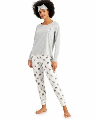 NWT Jenni Sz M T-Shirt Top Fleece Pants & Eye Mask 3pc Pajama Set Reindeer Kitty
