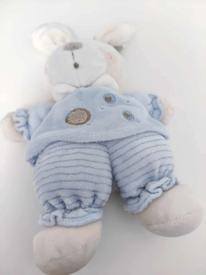 Peluche/Doudou Lapin Pyjama Bleu Beige Rayé Planètes Etoiles Rond 28cm - Nicotoy - Photo 3/4