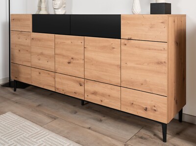 Kommode Sideboard Artisan Eiche schwarz Anrichte 180 cm 12 Fächer Schublade Liam