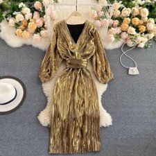 Women's Dress Midi Long Sleeve Pleated V-Neck Party Gold with Belt Sexy Club