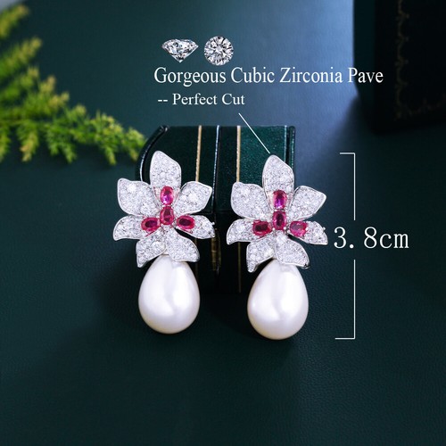 Moda Mujeres Flor Hoja Perla Boda Pendiente Gota Plateado Circonita Circonita Joyería - Imagen 255 de 358