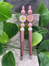 2 PC Handmade Silicone Wood Bead Rhinestone Black Ink Pen Set New Flower A3625