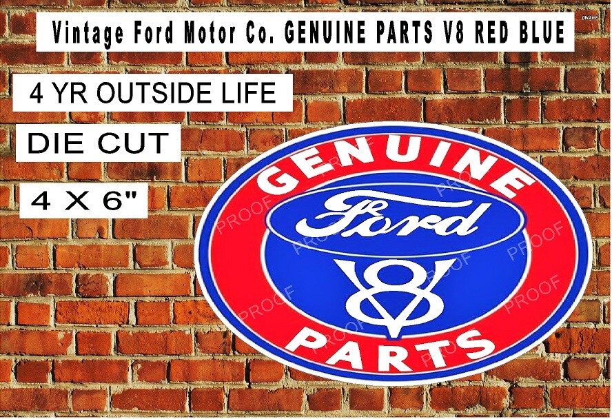 Vintage Ford Motor Co. GENUINE PARTS V8 RED BLUE Laminated Vinyl