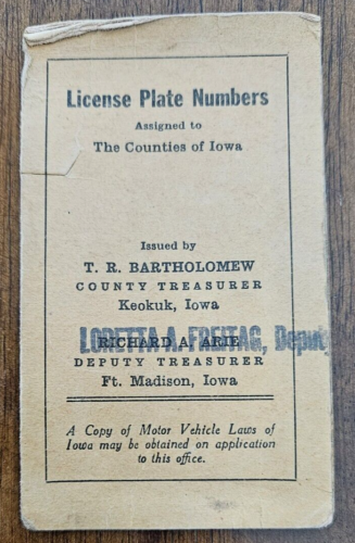1953 Ft. Madison IA números de matrícula automática de los condados de Iowa Loretta Friday
