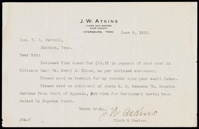 1913 J.W. Atkins Dyer County Dyersburg TN Clerk and Master Legal Letterhead
