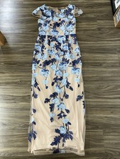 Adrianna Papell Embroidered Evening Gown Nude Blue Floral Formal Dress 4