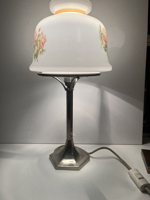  Vintage Art Deco Form Tischlampe Messing & Milchglas Rosenschirm