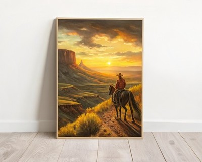 Cowboy Reiten bei Sonnenuntergang Vintage Style Pferd in der Wüste Old West Western Ranch