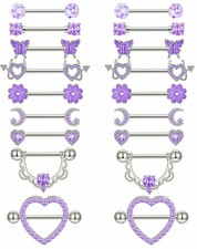 9 Pairs Nipple Rings Stainless Steel Heart Butterfly Moon Flower CZ Barbell T.