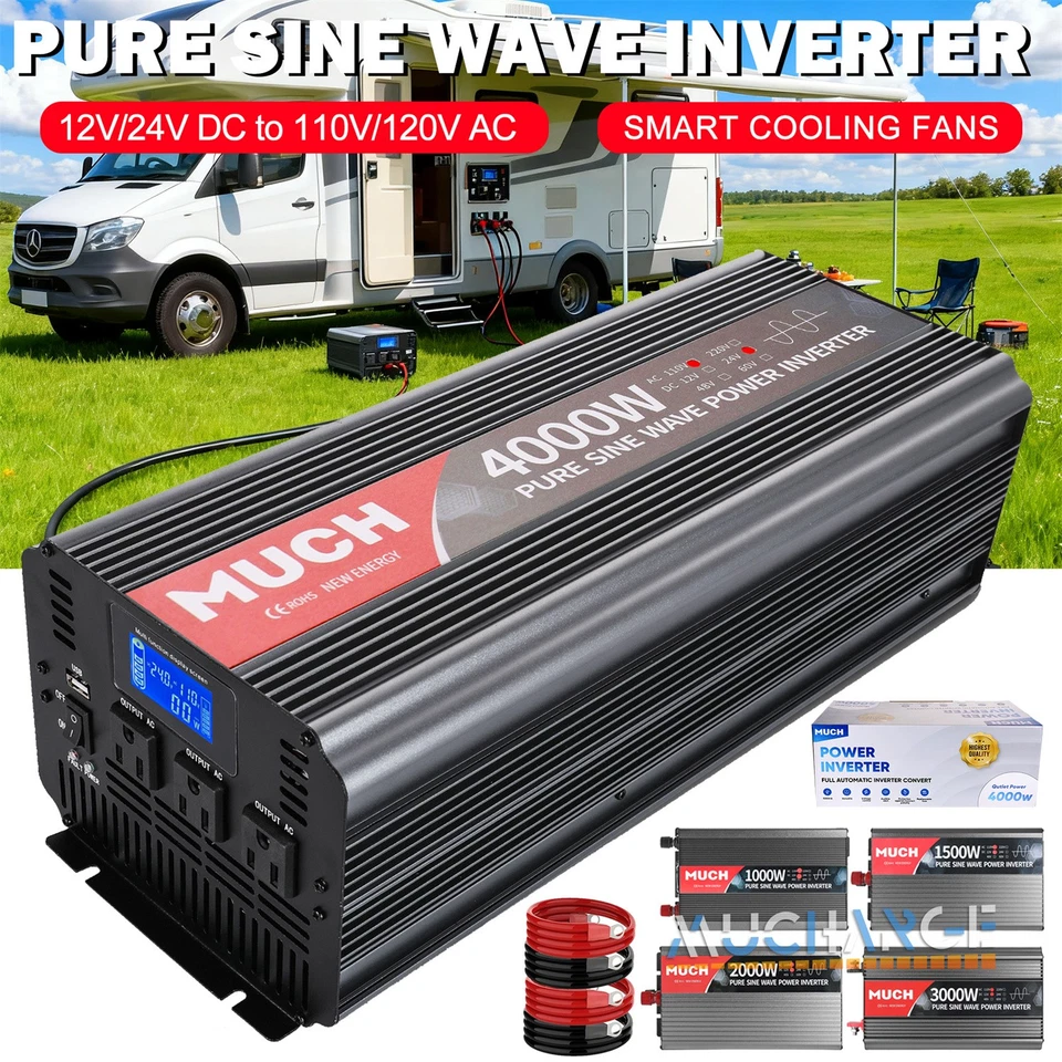 3000/4000W Pure Sine Wave Power Inverters LCD DC 12V to AC 110V RV Camp Outdoor - Image 2 of 4