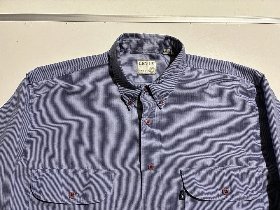 Vintage Levi’s Workwear Shirt Made In Korea 80s 90s Blue Stripe Double Pocket L - Image 3 of 4