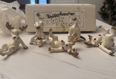 Vtg Fitz & Floyd Ceramic Christmas Tumbling Rudolphs Reindeer Set of 5 1976