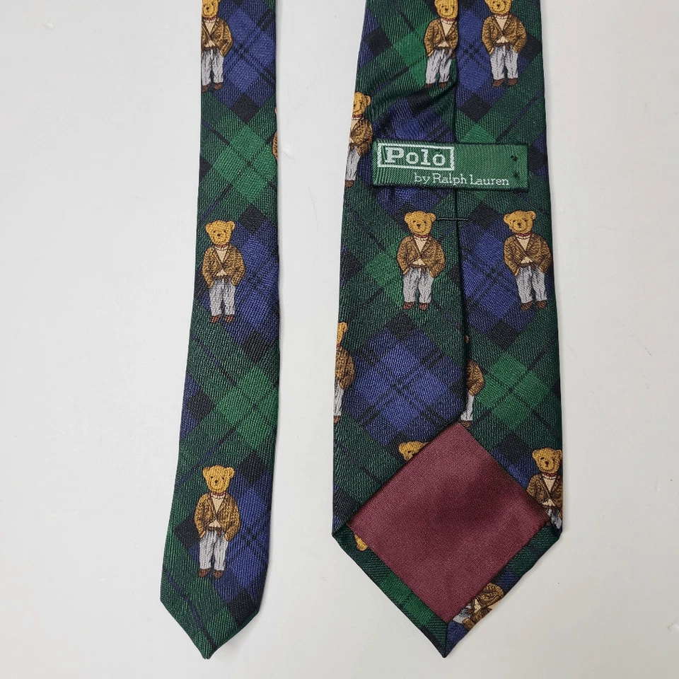 Polo Ralph Lauren Boys Tie Teddy Bear Black Watch Plaid USA Vtg Silk Kids - Image 4 of 4