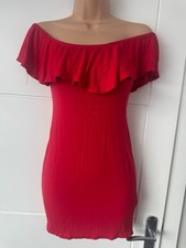 PrettyLittleThing Red Bardot Frill Bodycon Mini Dress UK 8 S Party B39