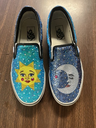 Custom Glitter Sun And Moon Slip On Vans