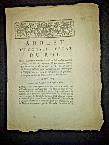 ARRET CONSEIL ETAT 1763 LOUIS XV HUILE OLIVE PROVENCE MARSEILLE FERME GENERALE