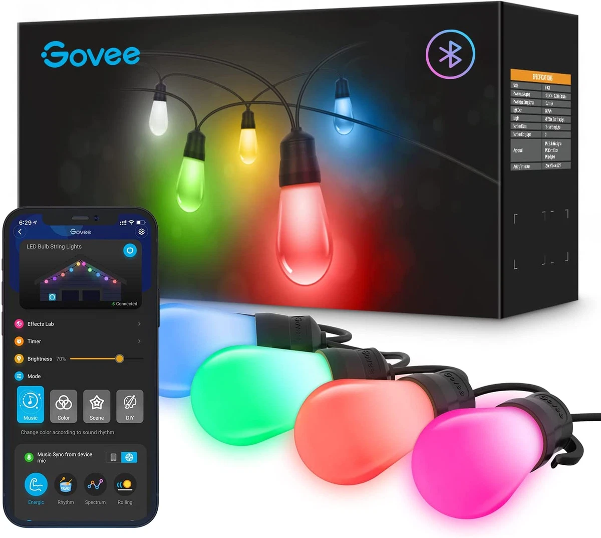 Smart Outdoor String Lights with 30 Dimmable RGBIC LED Bulbs 96Ft