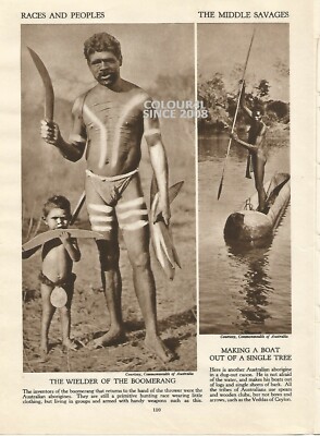  AUSTRALIEN ABORIGINE BUMERANG BOOT GEGRABEN KANU um 1930 Illustration IM ALTEN DRUCK 